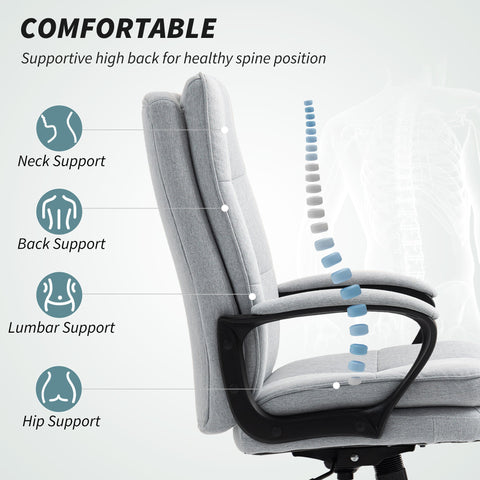 Gray upholstered homcom office chair with double padded linen-look seat five wheels and ergonomic high back design