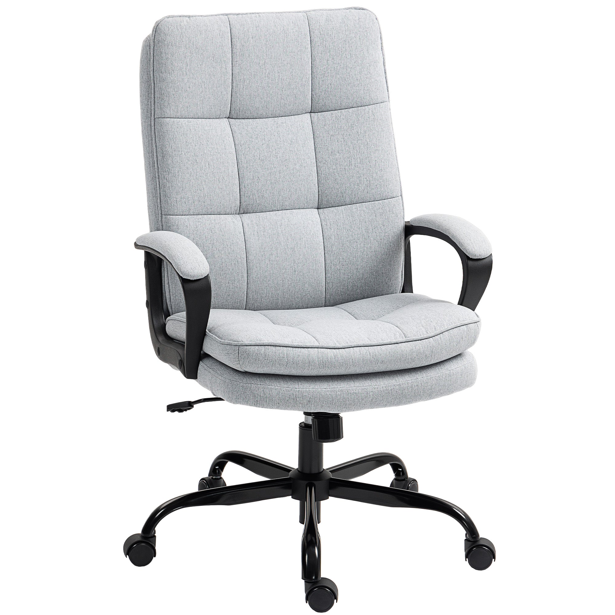 Light grey homcom office chair with double padded linen-look upholstery and black frame with five wheels