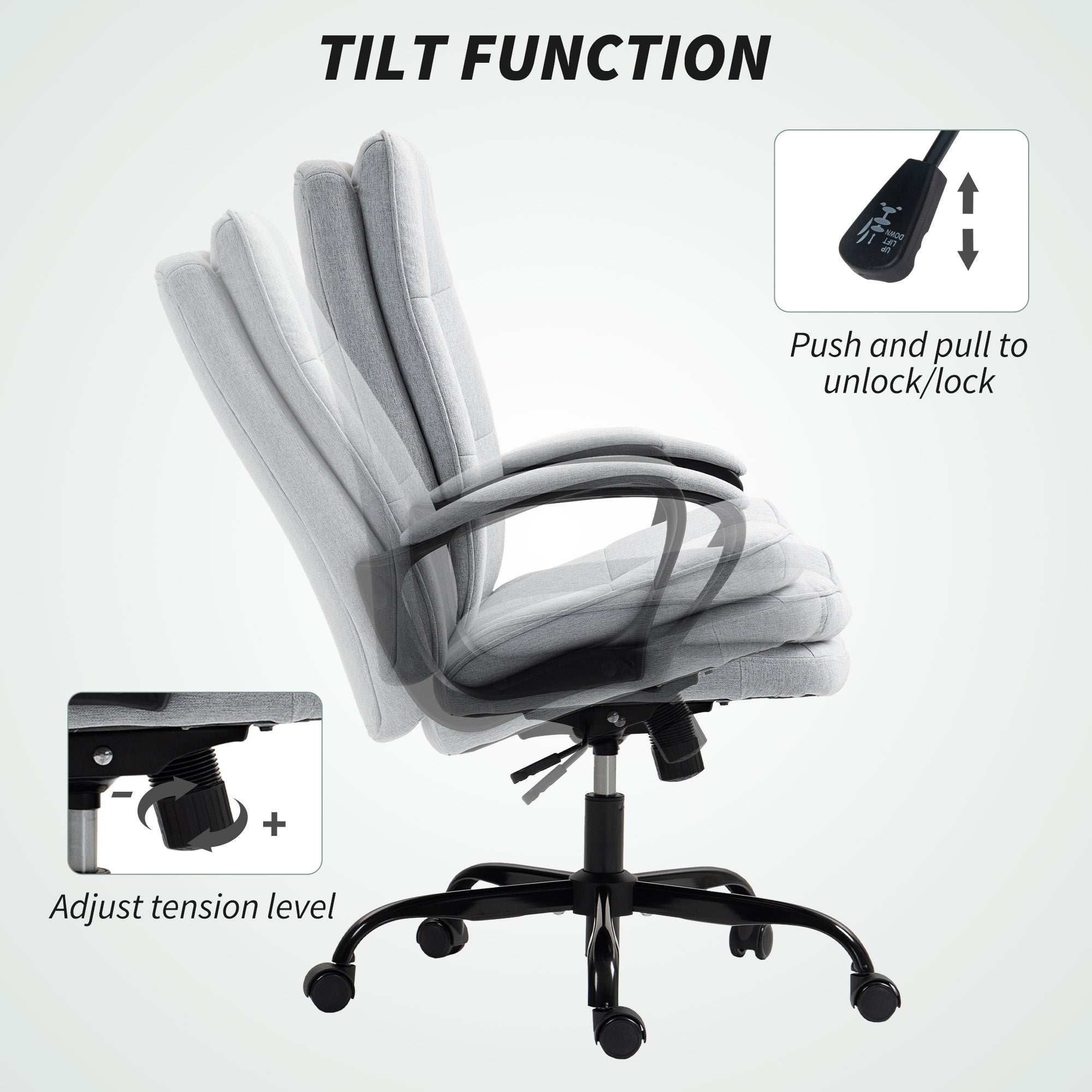 Light grey homcom double padded office chair with linen-look fabric, five wheels, and tilt function control