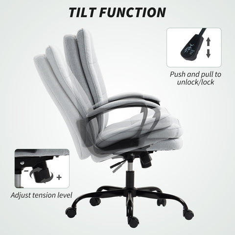 Light grey homcom double padded office chair with linen-look fabric, five wheels, and tilt function control