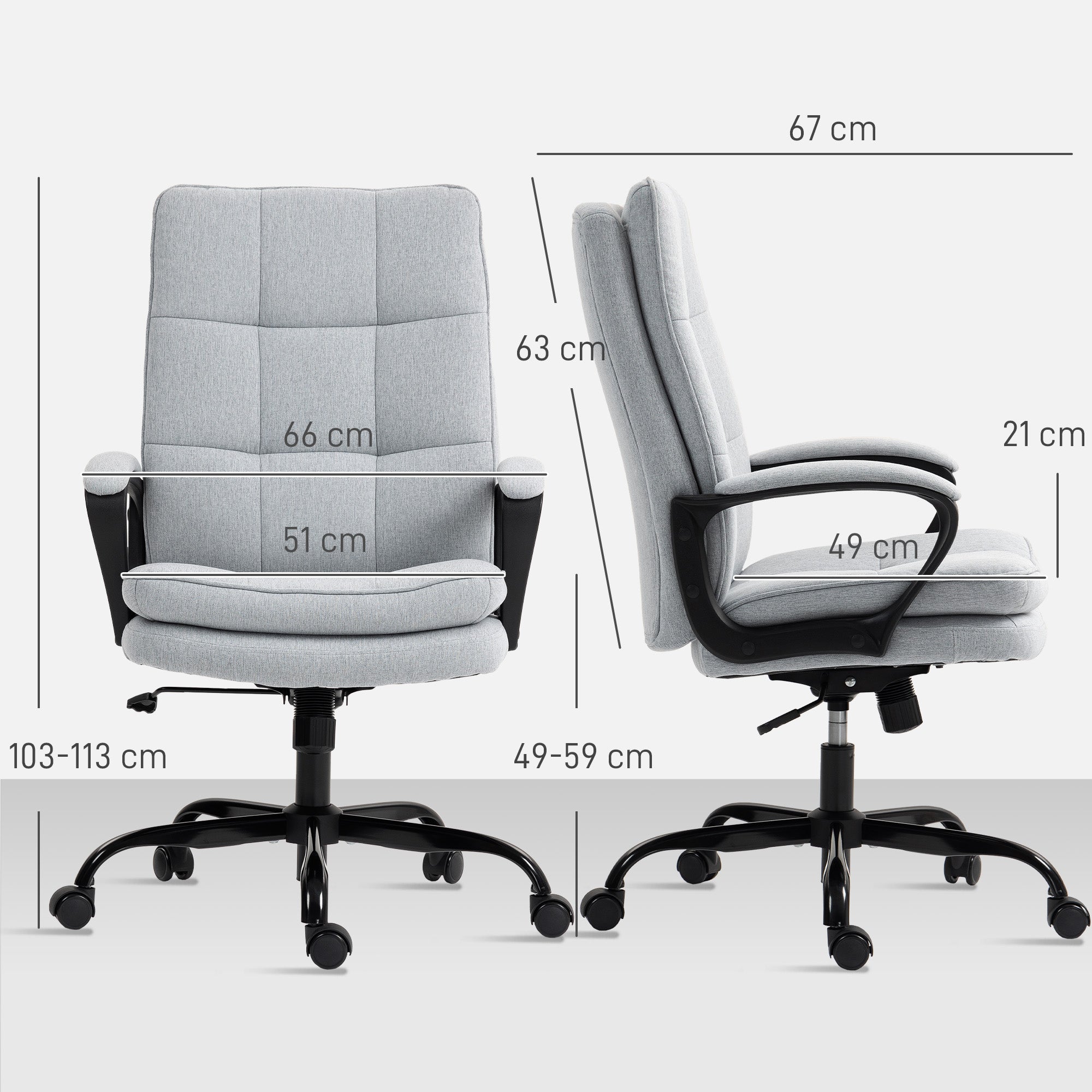 Gray upholstered office chair with double padded linen-look fabric and five wheels by HOMCOM in light grey