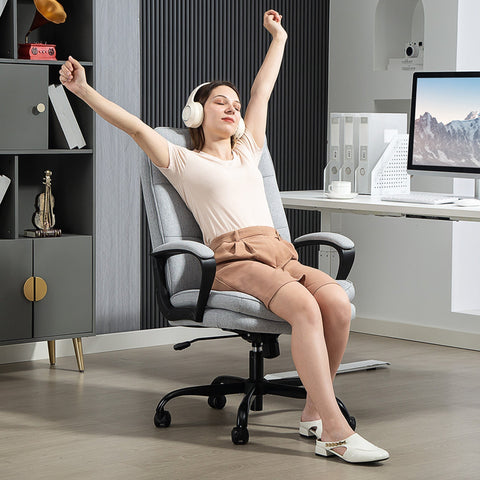 Light grey homcom double padded office chair with linen-look fabric and black armrests on five wheels