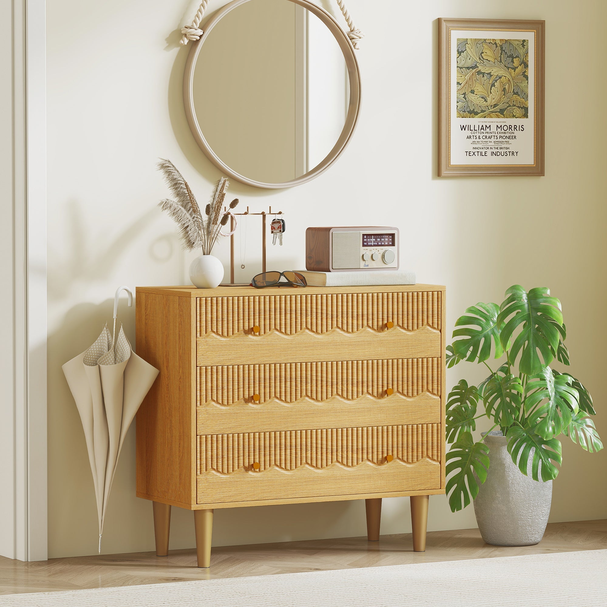 Homcom oak dresser with light wood finish steel frame three spacious drawers with vertical ribbed detailing and amber knobs