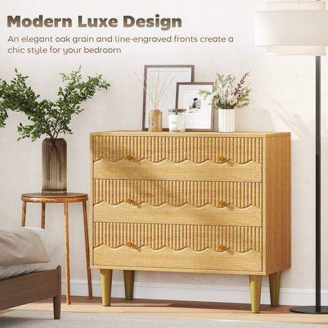 Homcom oak dresser with three spacious drawers line engraved fronts and gold tone legs for bedroom or living room