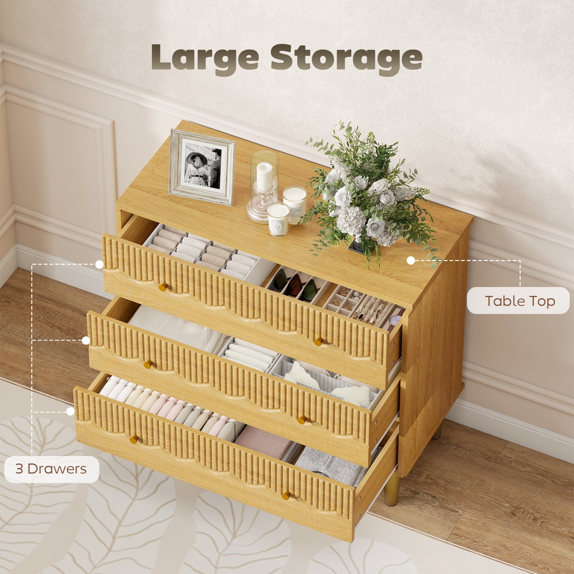 Oak grain homcom dresser with three spacious drawers steel frame and round brass knobs for living room or bedroom