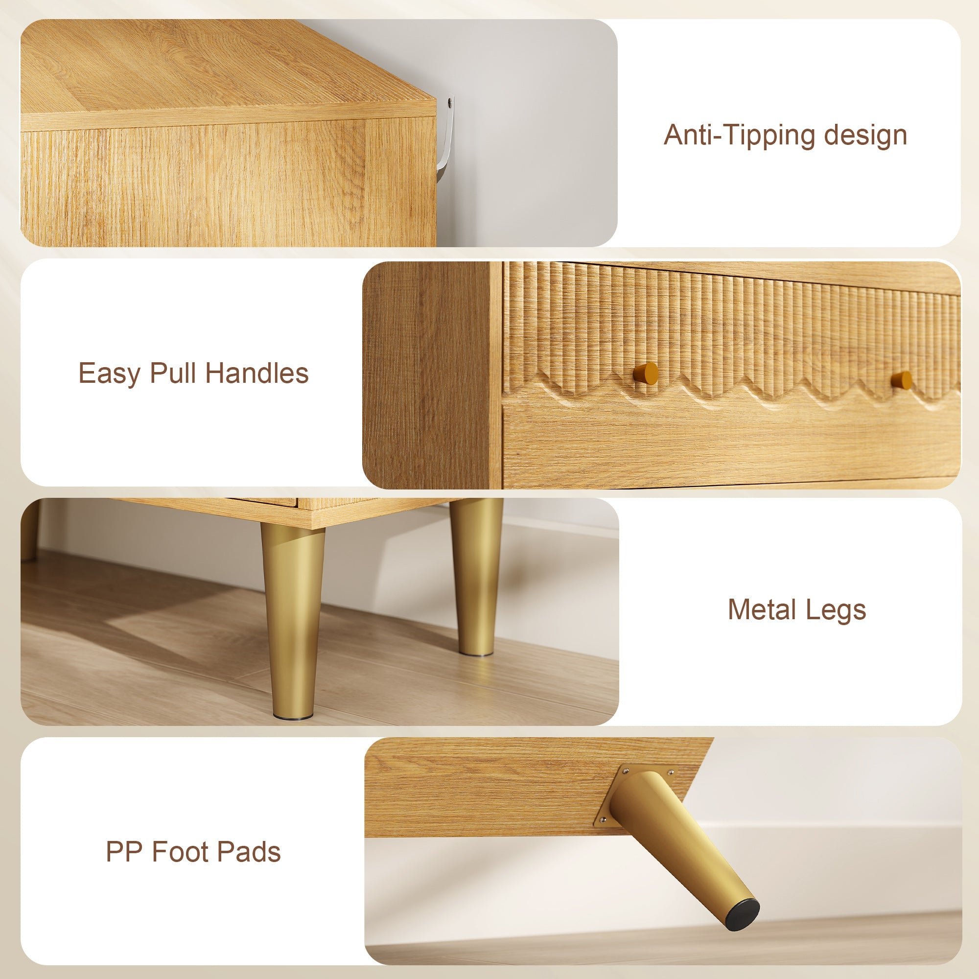 HOMCOM dresser with three spacious drawers in oak grain finish and gold-toned metal legs for living room use