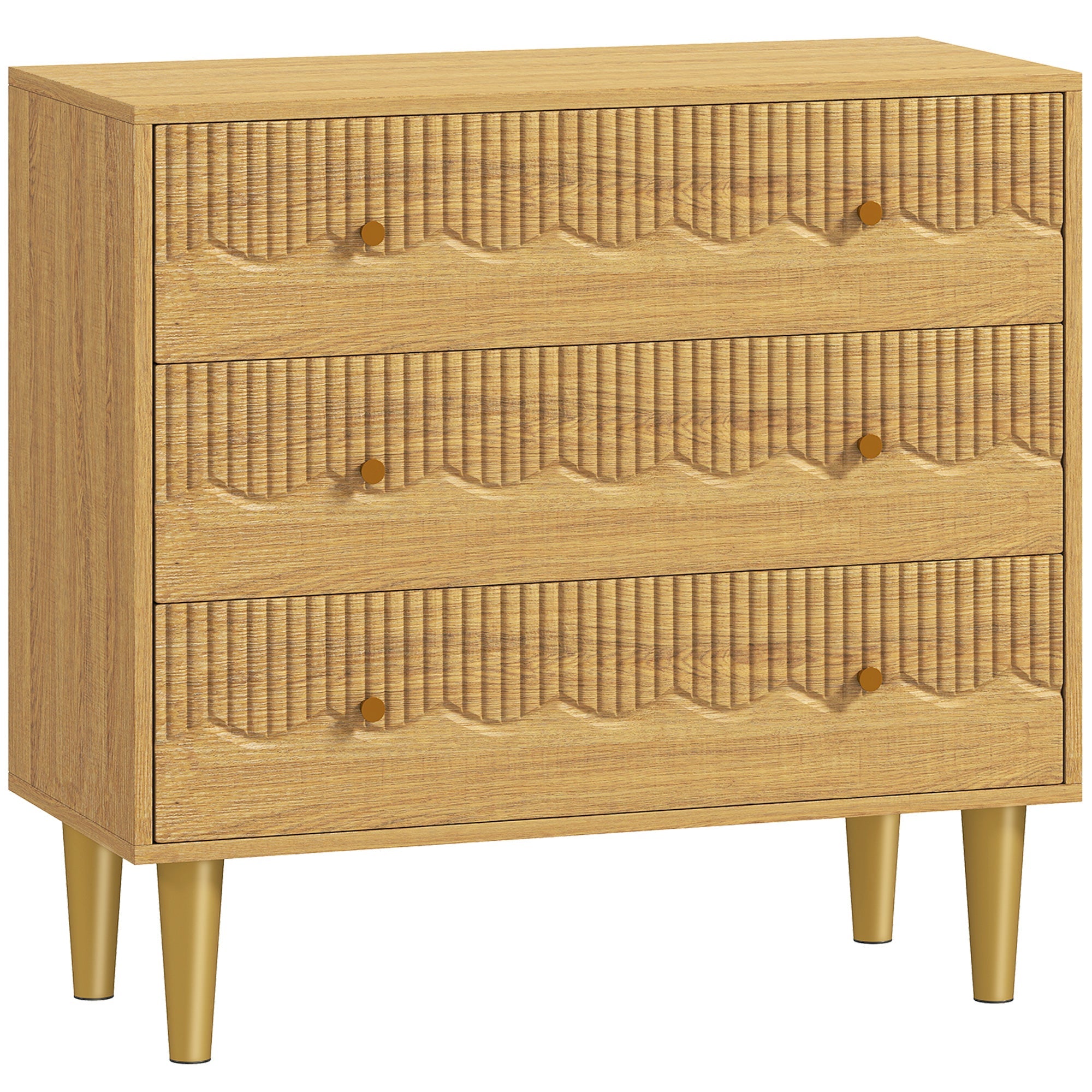 Light oak homcom dresser with oak grain finish three spacious drawers vertical ribbed panels and gold-tone knobs
