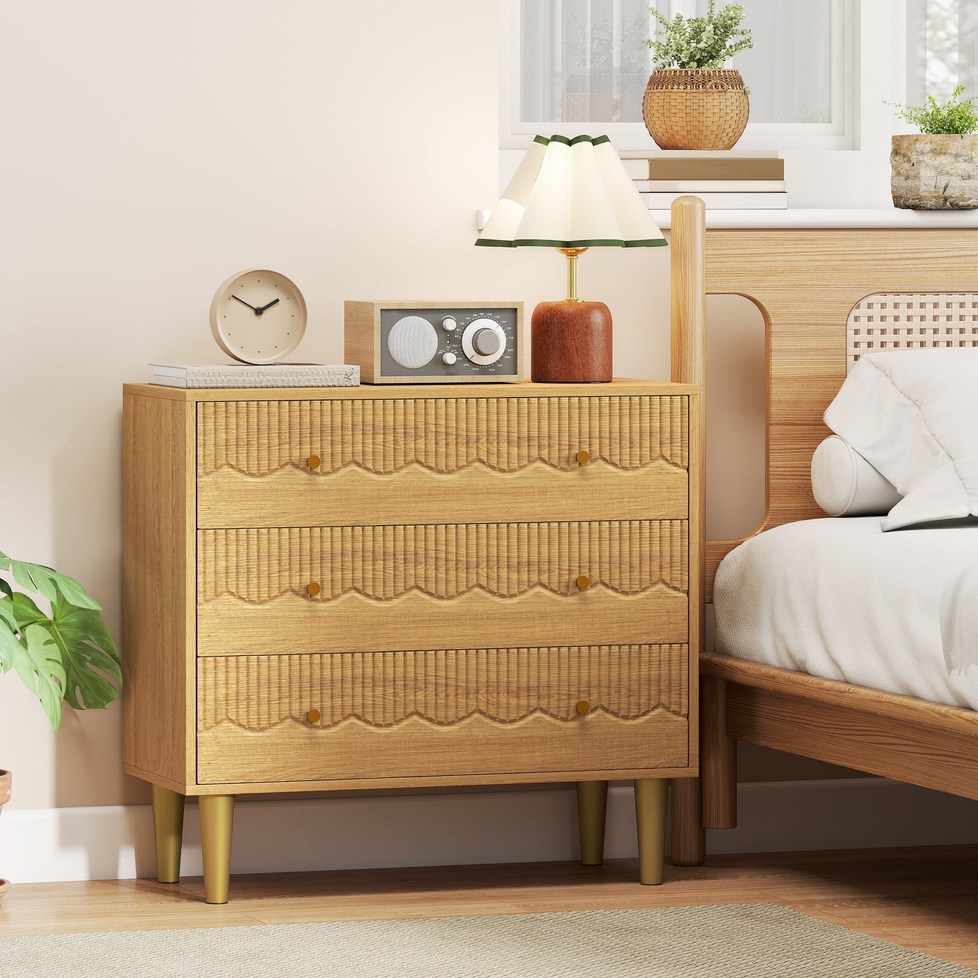Homcom oak dresser with three spacious drawers and wavy ribbed front panels on gold-tone metal legs