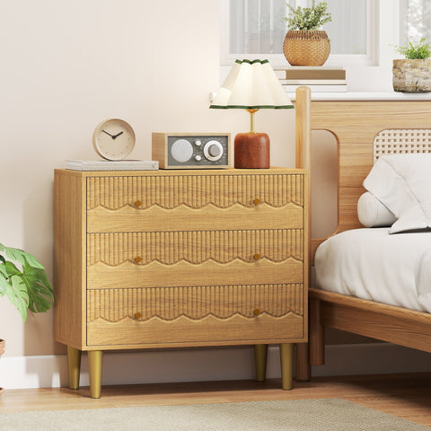 Homcom oak dresser with three spacious drawers and wavy ribbed front panels on gold-tone metal legs