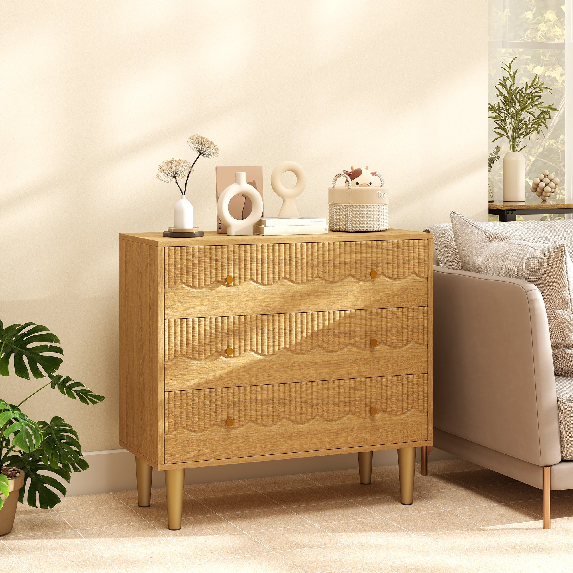 Homcom dresser with three spacious drawers in oak grain finish and woven texture on gold-tone legs for living room