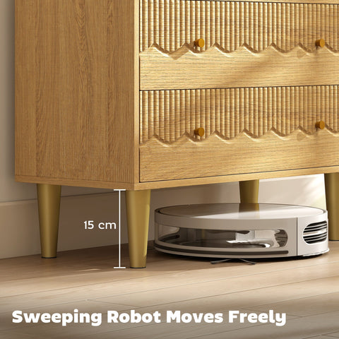 White and silver robotic vacuum cleaner with circular design and transparent housing near oak grain dresser with three spacious drawers