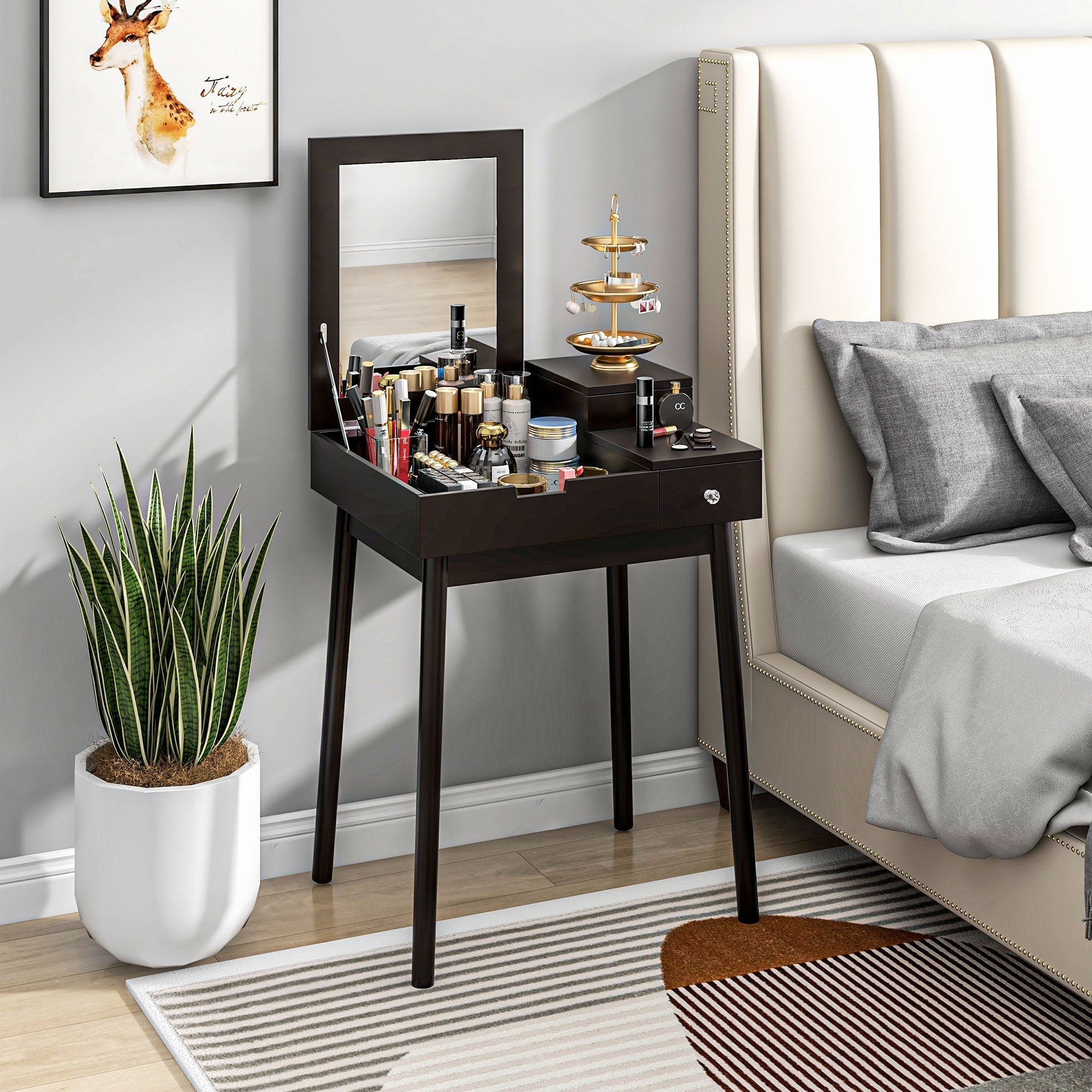 Black wooden dressing table with flip-up mirror and two slide-out drawers perfect as a writing desk for bedroom use