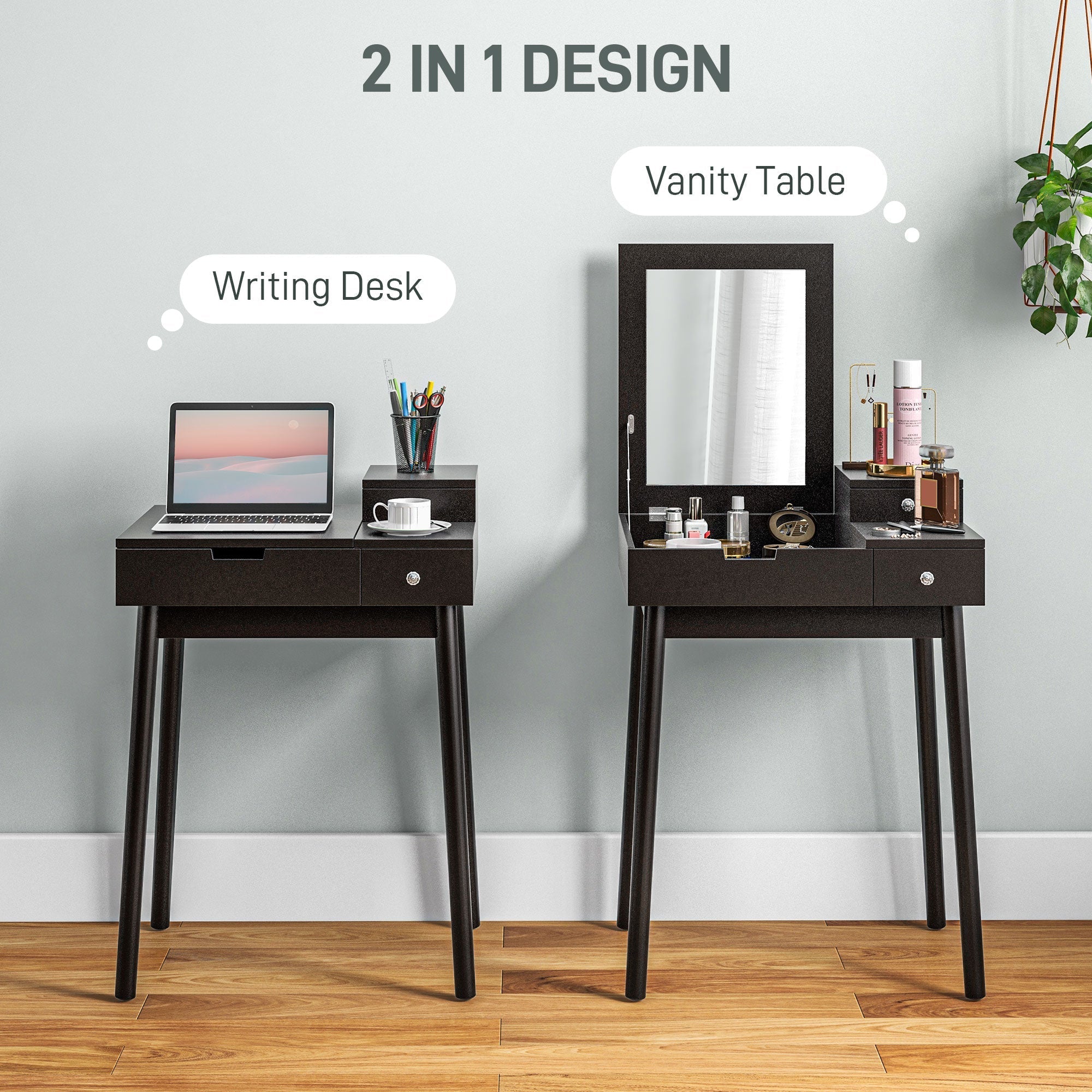 Black homcom dressing table with flip-up mirror two slide-out drawers used as writing desk and makeup station