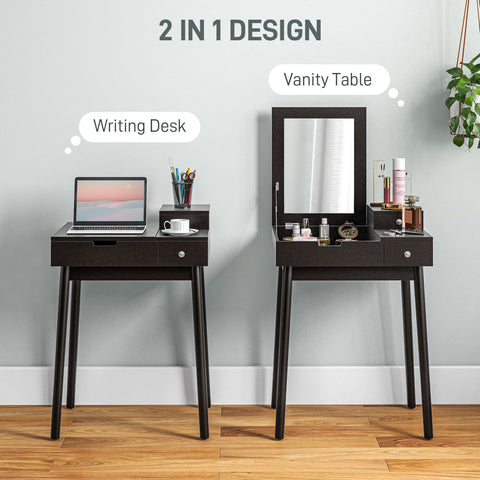Black homcom dressing table with flip-up mirror two slide-out drawers used as writing desk and makeup station