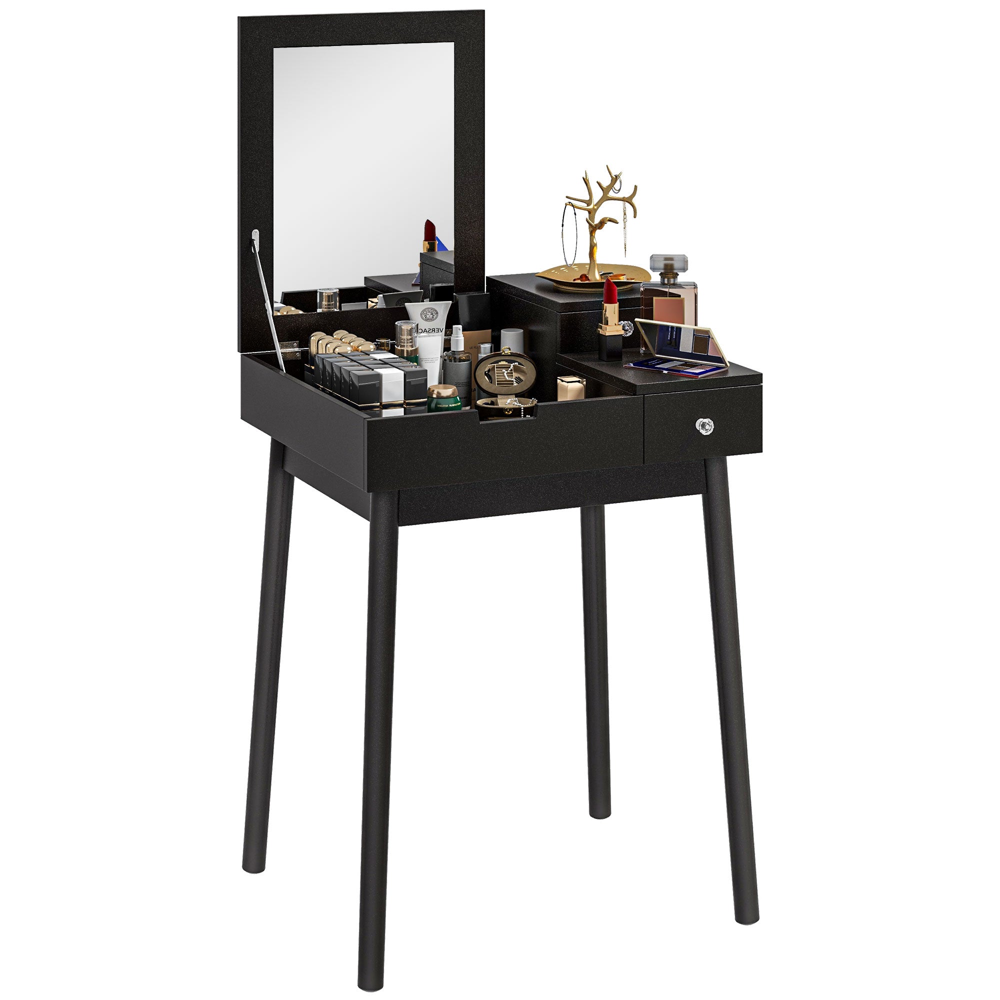 Black homcom dressing table with flip-up mirror two slide-out drawers and compartments for makeup storage and writing desk use