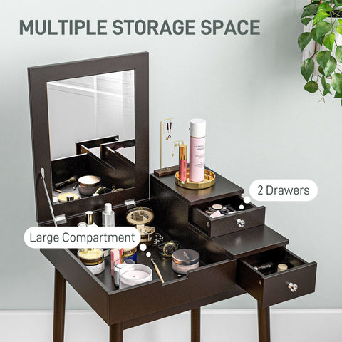 Dark brown wooden dressing table with flip-up mirror and two slide-out drawers perfect as a writing desk
