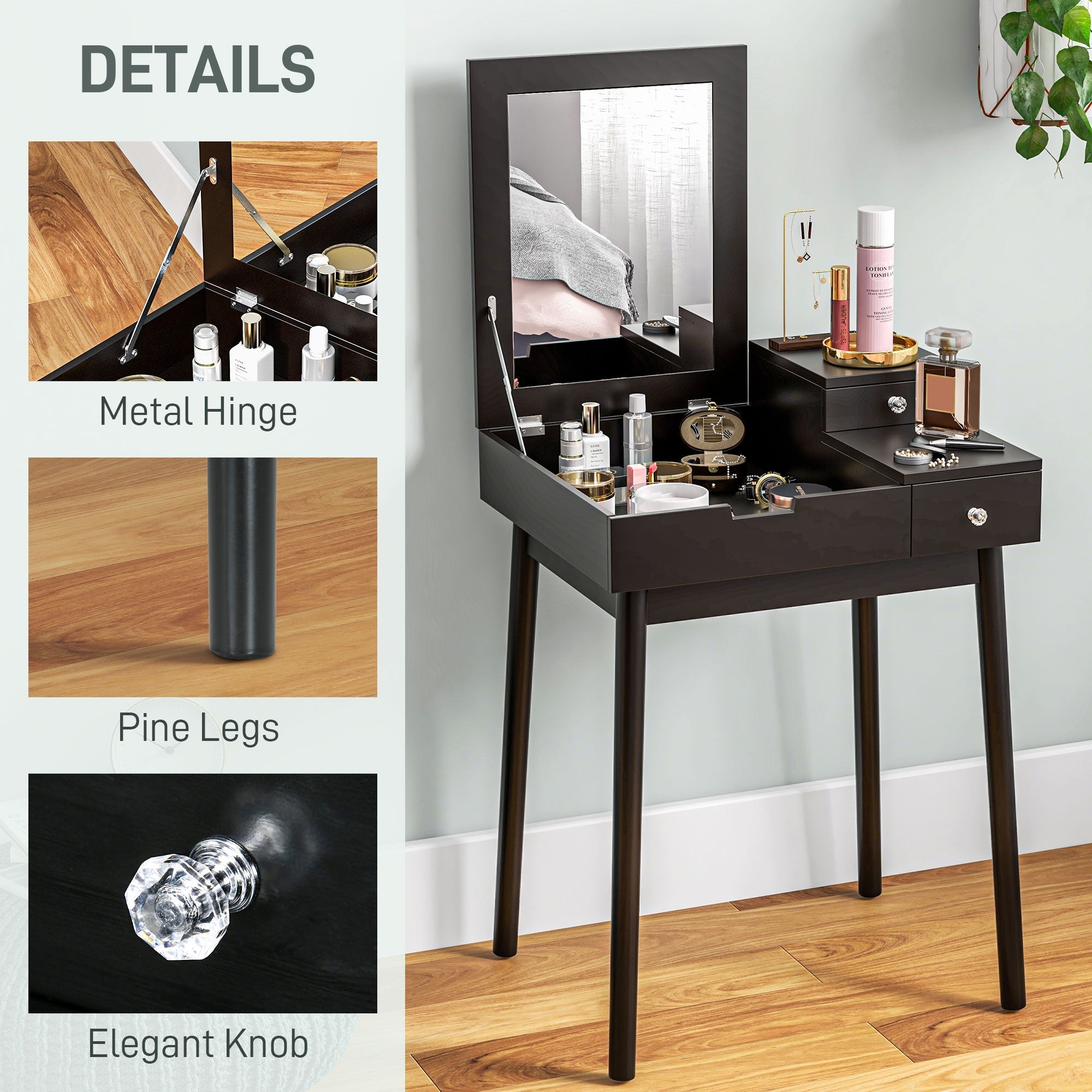 Black HOMCOM dressing table with flip-up mirror pine legs two slide-out drawers and elegant crystal knobs for bedroom use
