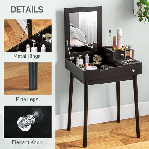 Black HOMCOM dressing table with flip-up mirror pine legs two slide-out drawers and elegant crystal knobs for bedroom use
