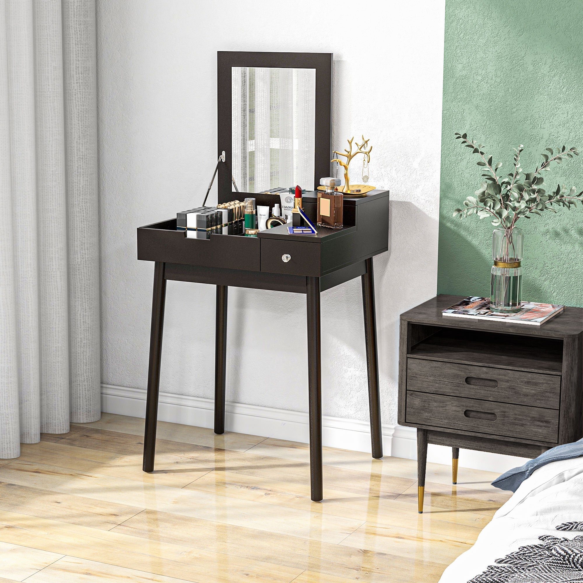 Black wooden dressing table with flip-up mirror and two slide-out drawers perfect as a writing desk