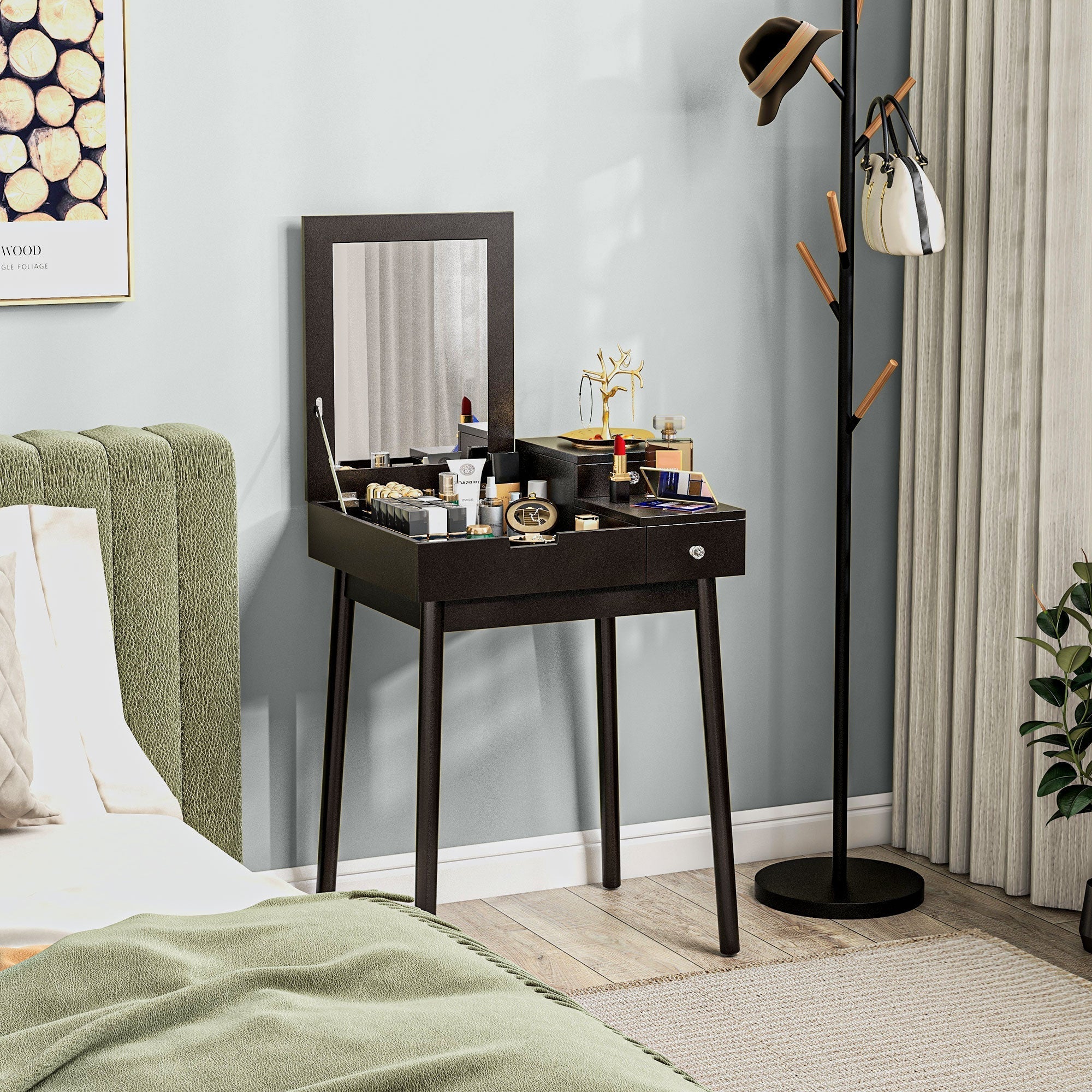 Black wooden dressing table with flip-up mirror and two slide-out drawers perfect as a writing desk