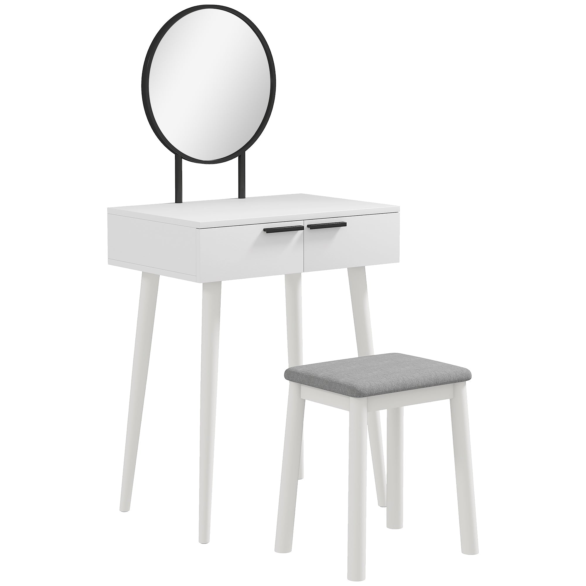White homcom dressing table with round mirror gray cushioned stool and rubber wood legs for bedroom use