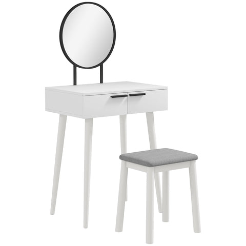 White homcom dressing table with round mirror gray cushioned stool and rubber wood legs for bedroom use
