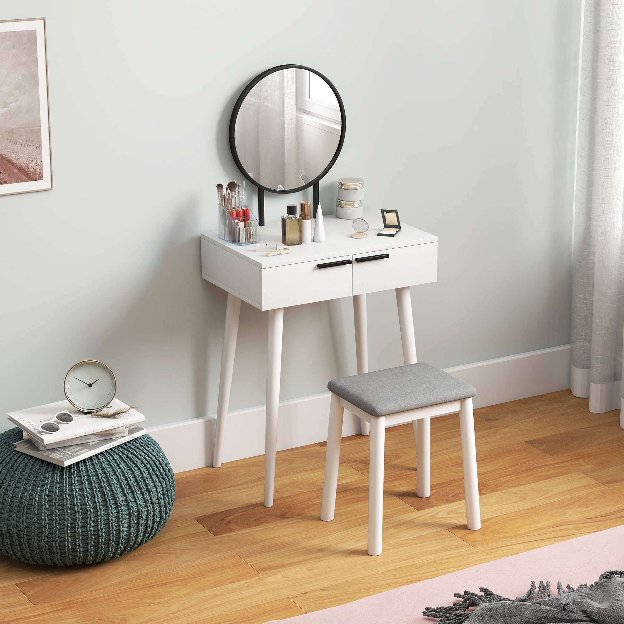 White homcom dressing table with round mirror black handles rubber wood legs and cushioned stool for bedroom use