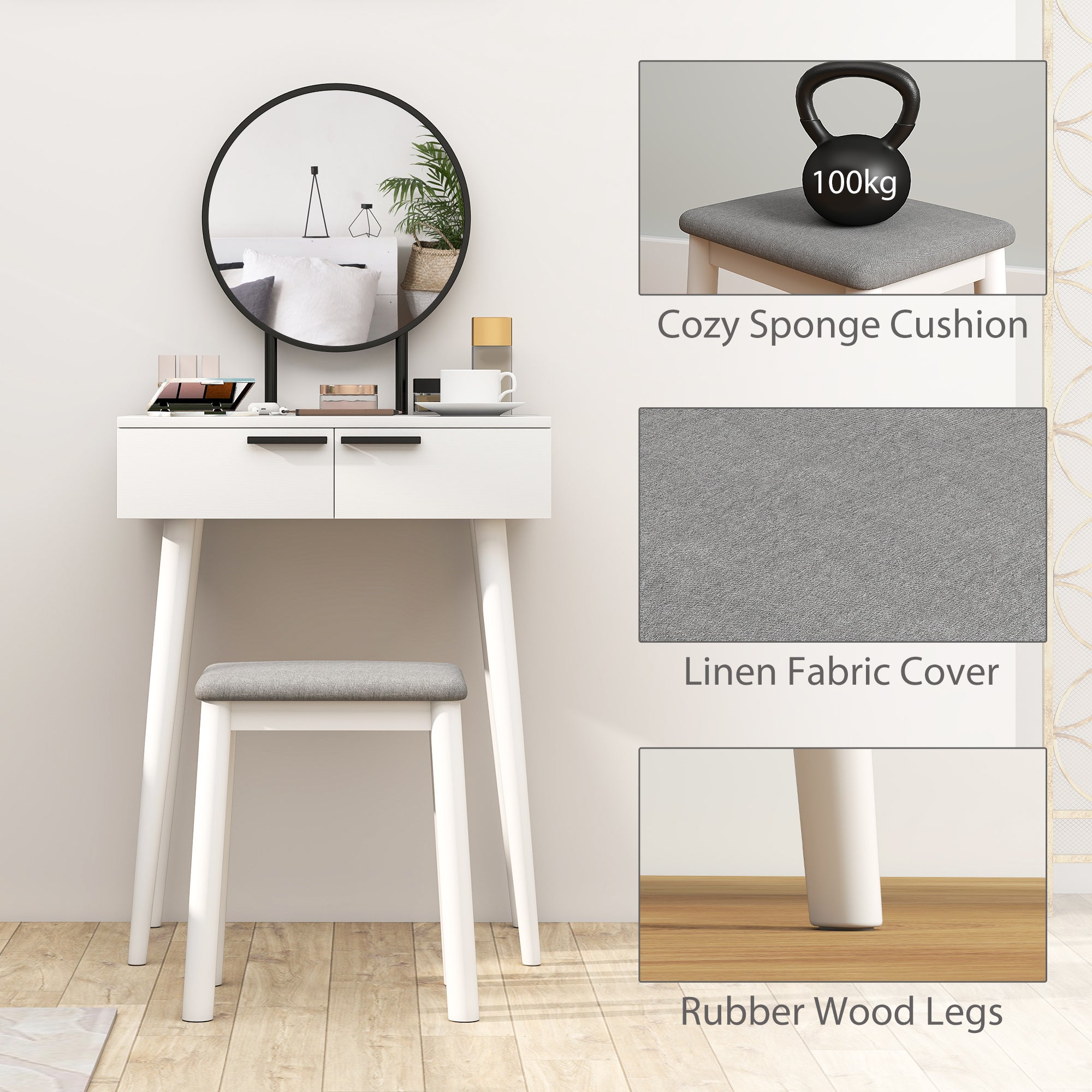 White homcom dressing table with round mirror and cushioned stool featuring linen fabric and rubber wood legs