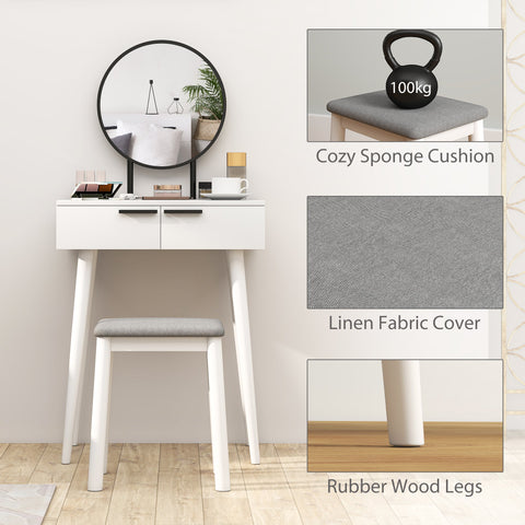 White homcom dressing table with round mirror and cushioned stool featuring linen fabric and rubber wood legs
