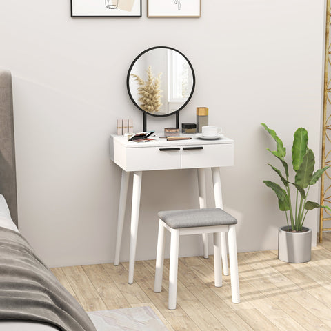 White homcom dressing table with round black mirror rubber wood legs two drawers and matching cushioned stool