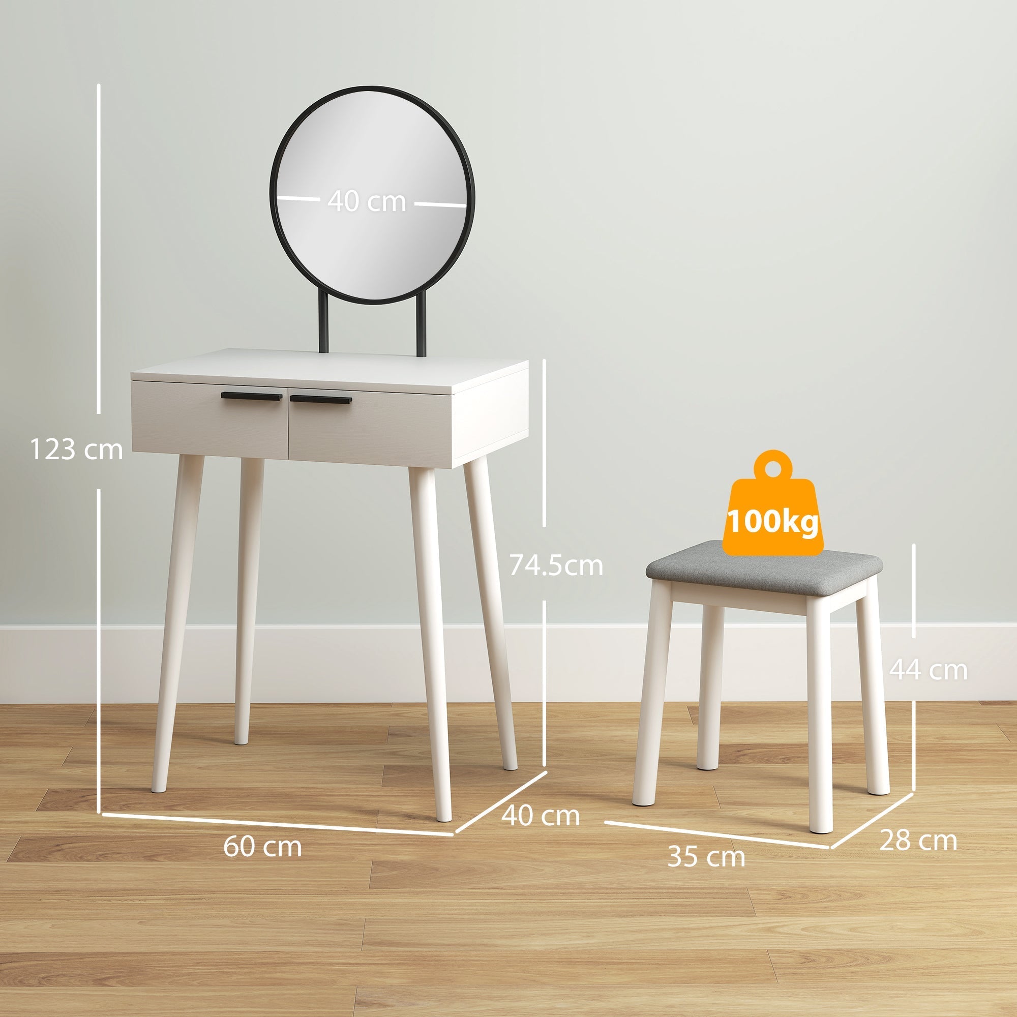 White homcom dressing table with round black mirror rubber wood legs two drawers and cushioned stool for bedroom use