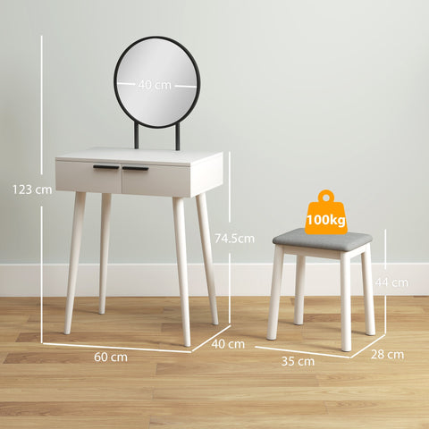 White homcom dressing table with round black mirror rubber wood legs two drawers and cushioned stool for bedroom use
