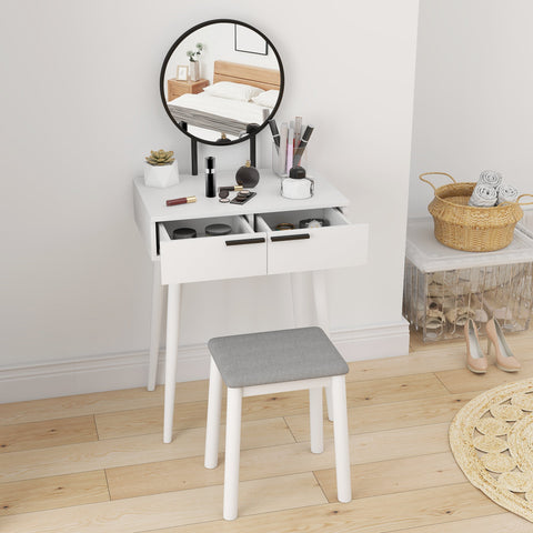 White homcom dressing table with two drawers rubber wood legs round black framed mirror and cushioned stool