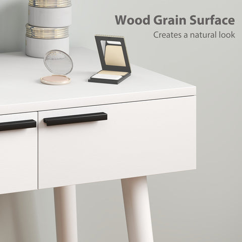 White homcom dressing table with wood grain surface black drawer handles rubber wood legs and cushioned stool