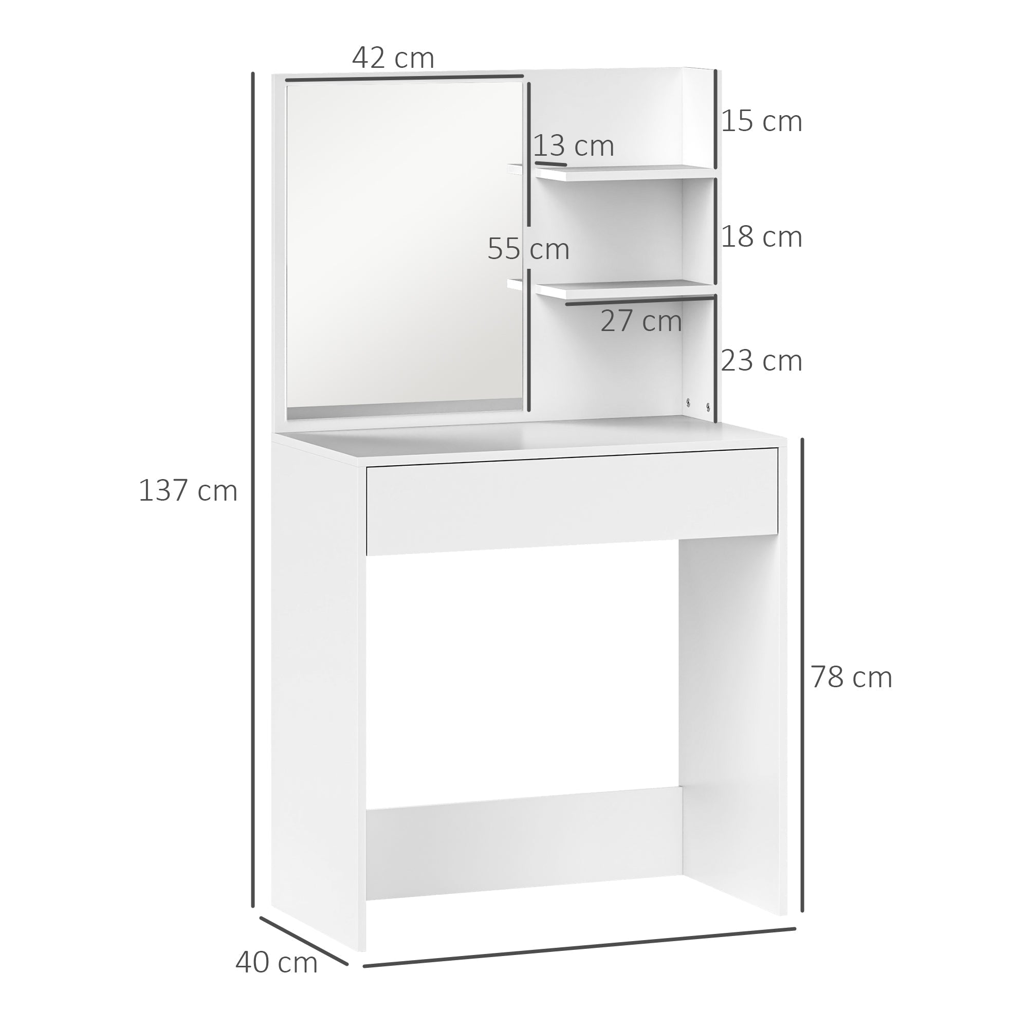 White minimalist dressing table with mirror and tiered shelves featuring anti-tip straps for safety and storage