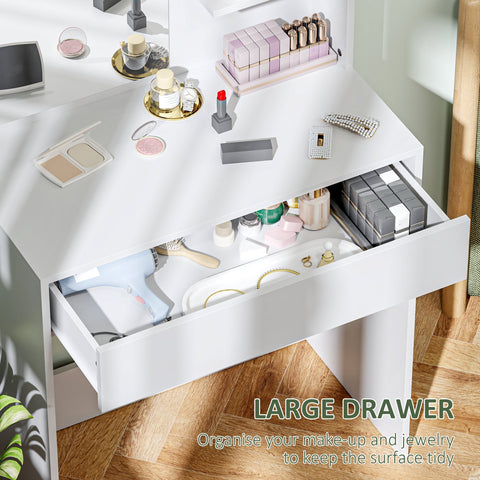 White homcom dressing table with mirror and storage featuring a large drawer and anti-tip straps for safety