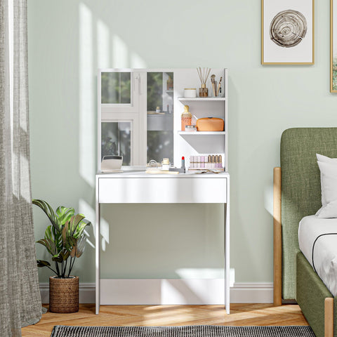 White homcom dressing table with mirror, open shelving, drawer, and anti-tip straps for safe storage and use