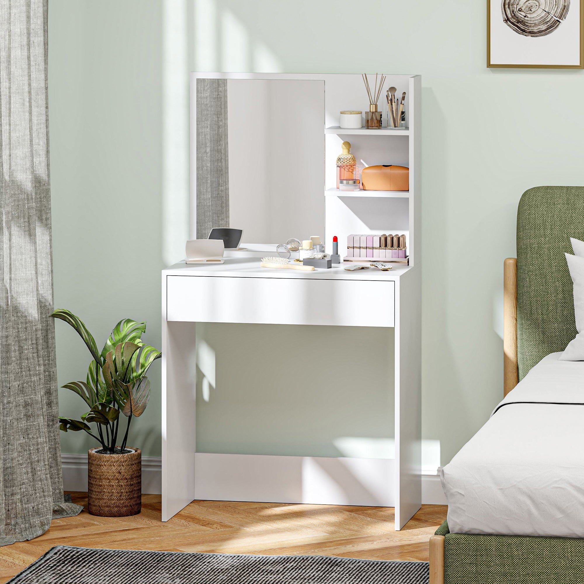 White homcom dressing table with mirror and shelves featuring anti-tip straps for safe storage and use