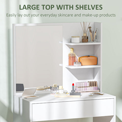 White homcom dressing table with mirror and shelves featuring anti-tip straps for safe storage and use