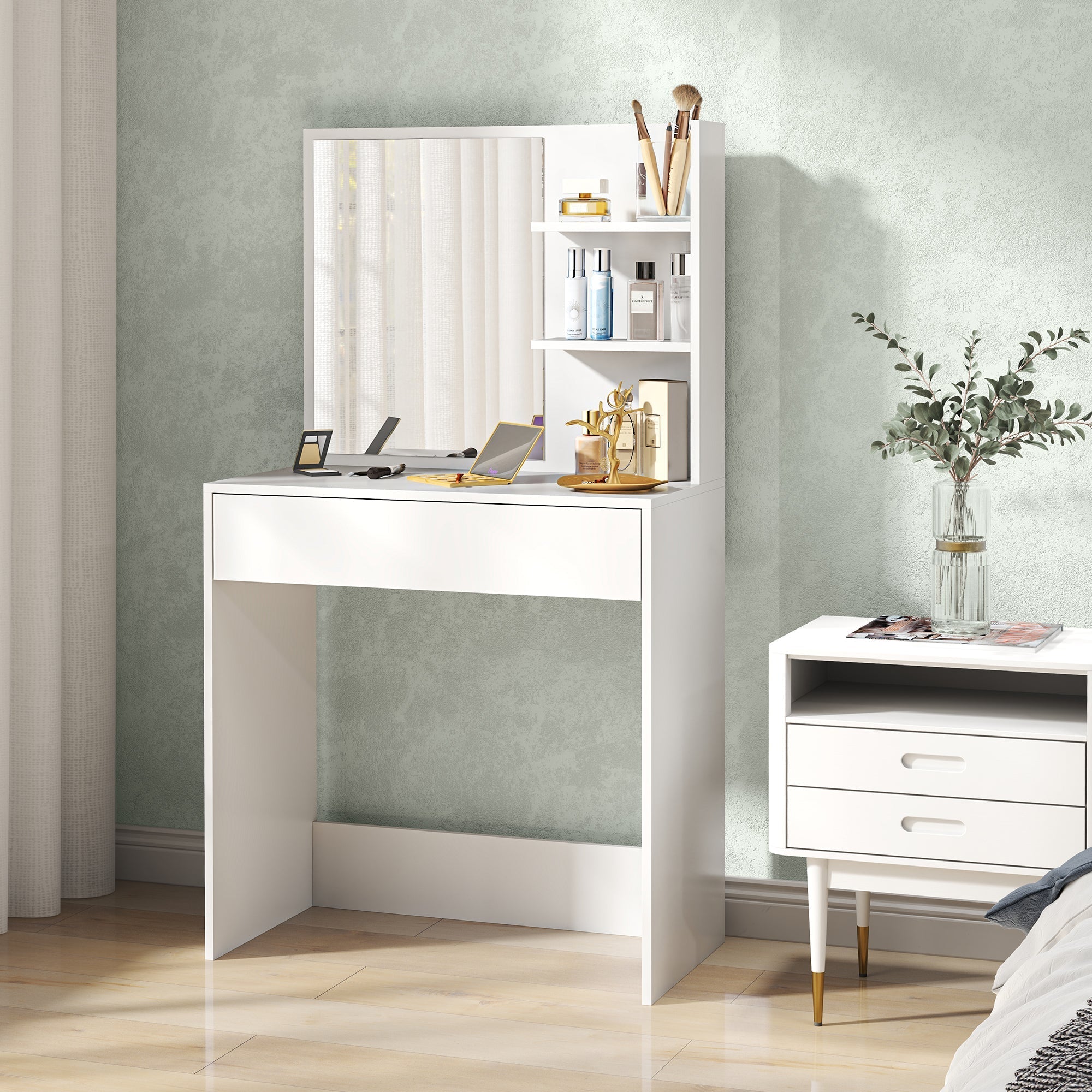 White homcom dressing table with mirror and storage shelves featuring minimalist design and anti-tip straps