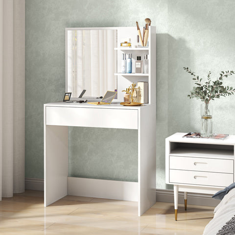 White homcom dressing table with mirror and storage shelves featuring minimalist design and anti-tip straps