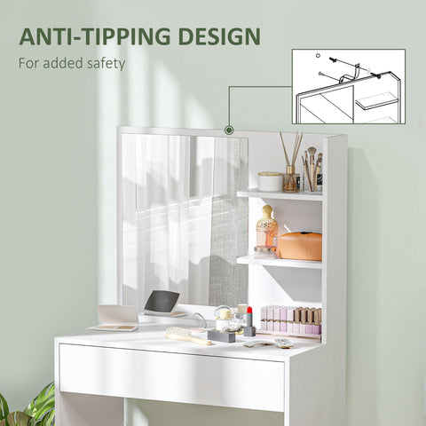 White homcom dressing table with mirror shelves and anti-tip straps for secure makeup and storage use