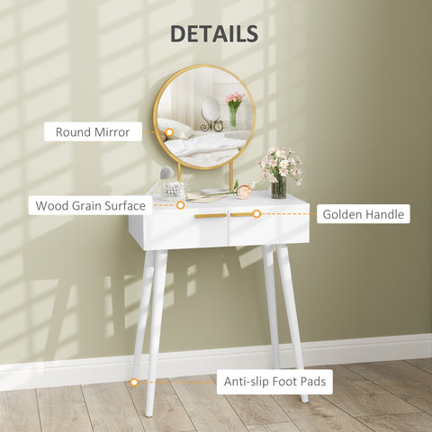 White dressing table with round gold-framed mirror wood grain surface particle board and rubber wood details