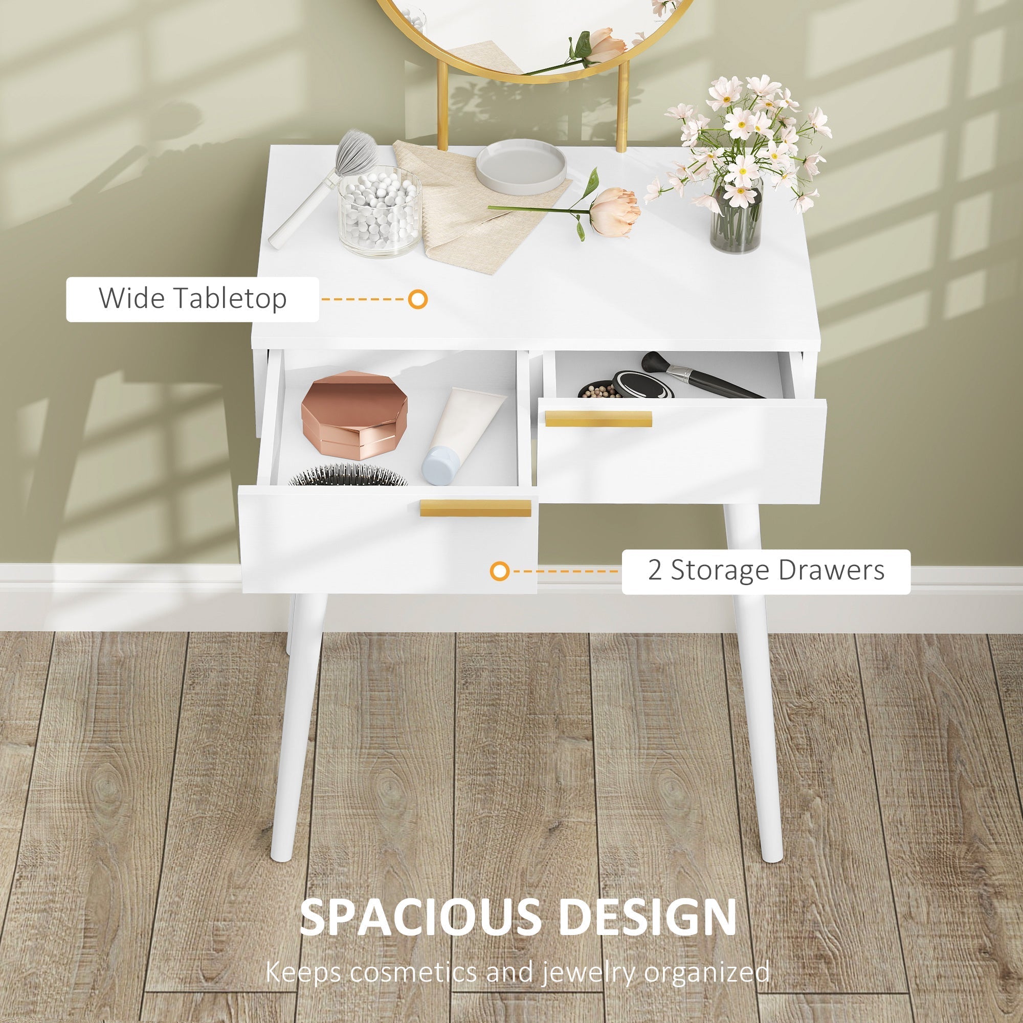 White homcom dressing table with gold handles and rubber wood legs, particle board top, perfect for cosmetics and jewelry