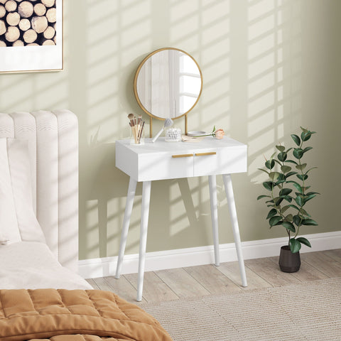 White homcom dressing table with round mirror featuring particle board top rubber wood legs and gold-tone handles