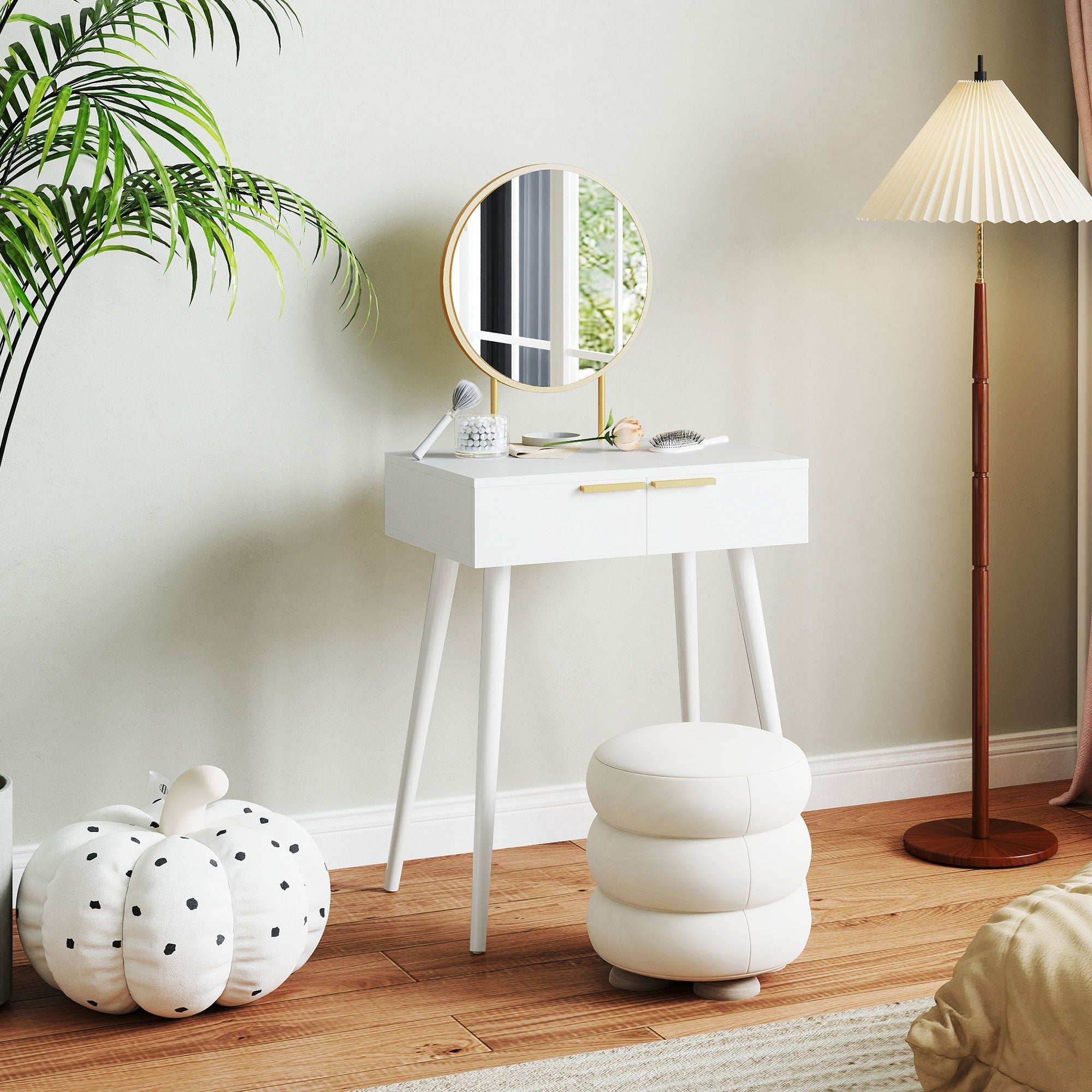 White dressing table with gold-tone legs and round mirror made of particle board and rubber wood for vanity use