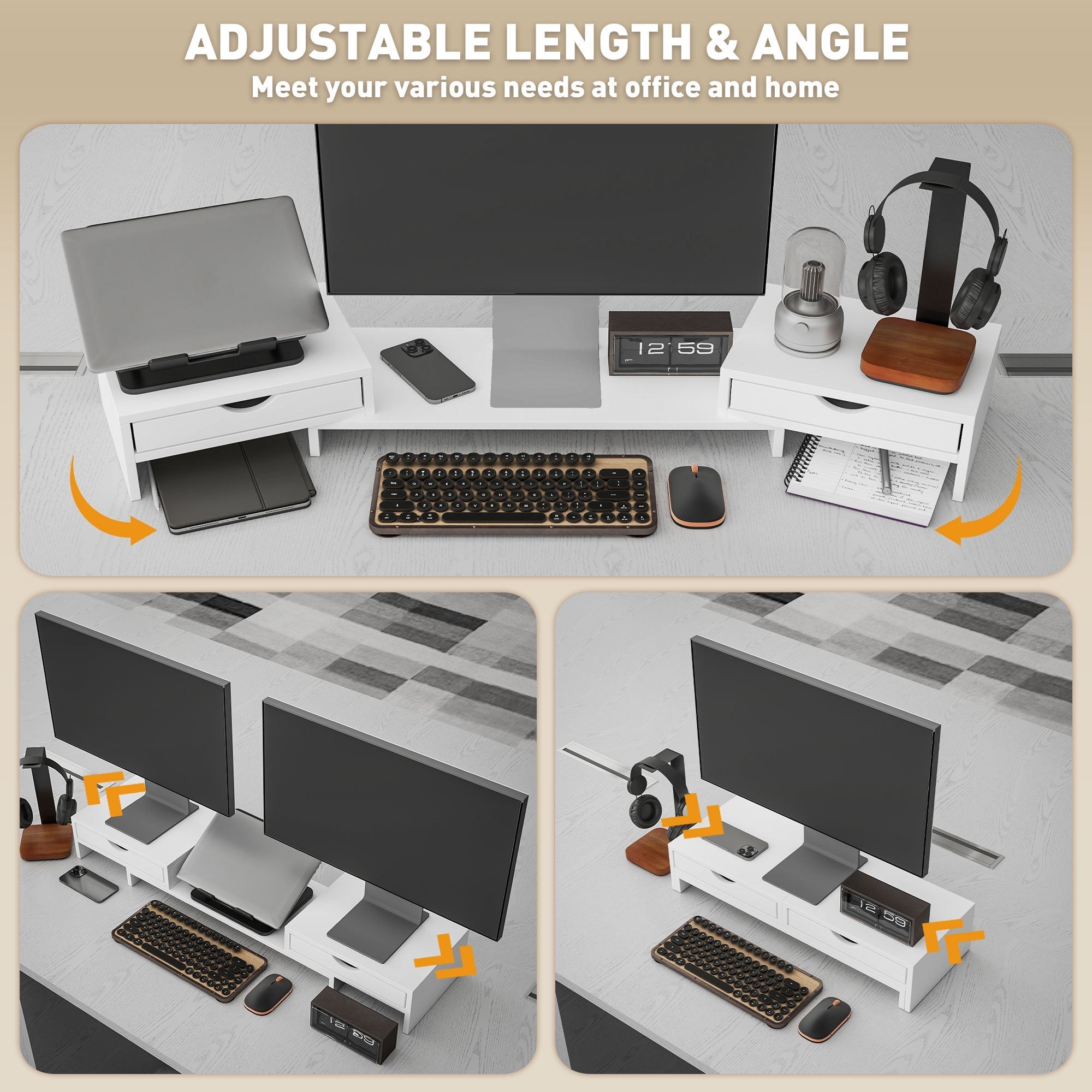 HOMCOM Dual Monitor Stand Riser with 2 Drawers, Adjustable Length and Angle, 116cm Monitor Riser for Laptop, Computer, PC, Small Printer, White
