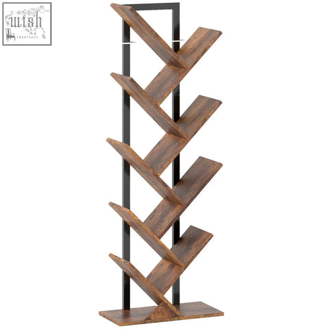 Homcom eight-section tree bookcase with robust particle board and black metal frame in wood-effect brown finish