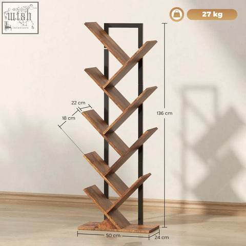 Homcom eight-section tree bookcase with angled shelves in warm brown wood-effect robust particle board and black metal frame