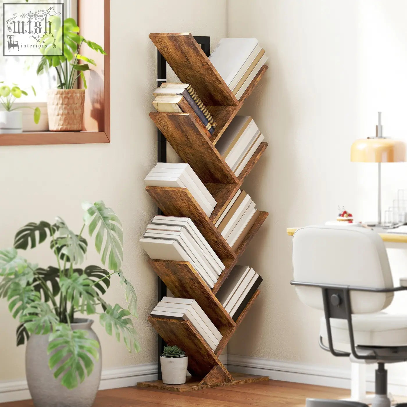 Homcom eight-section tree bookcase with a zigzag design made of robust particle board and black metal supports
